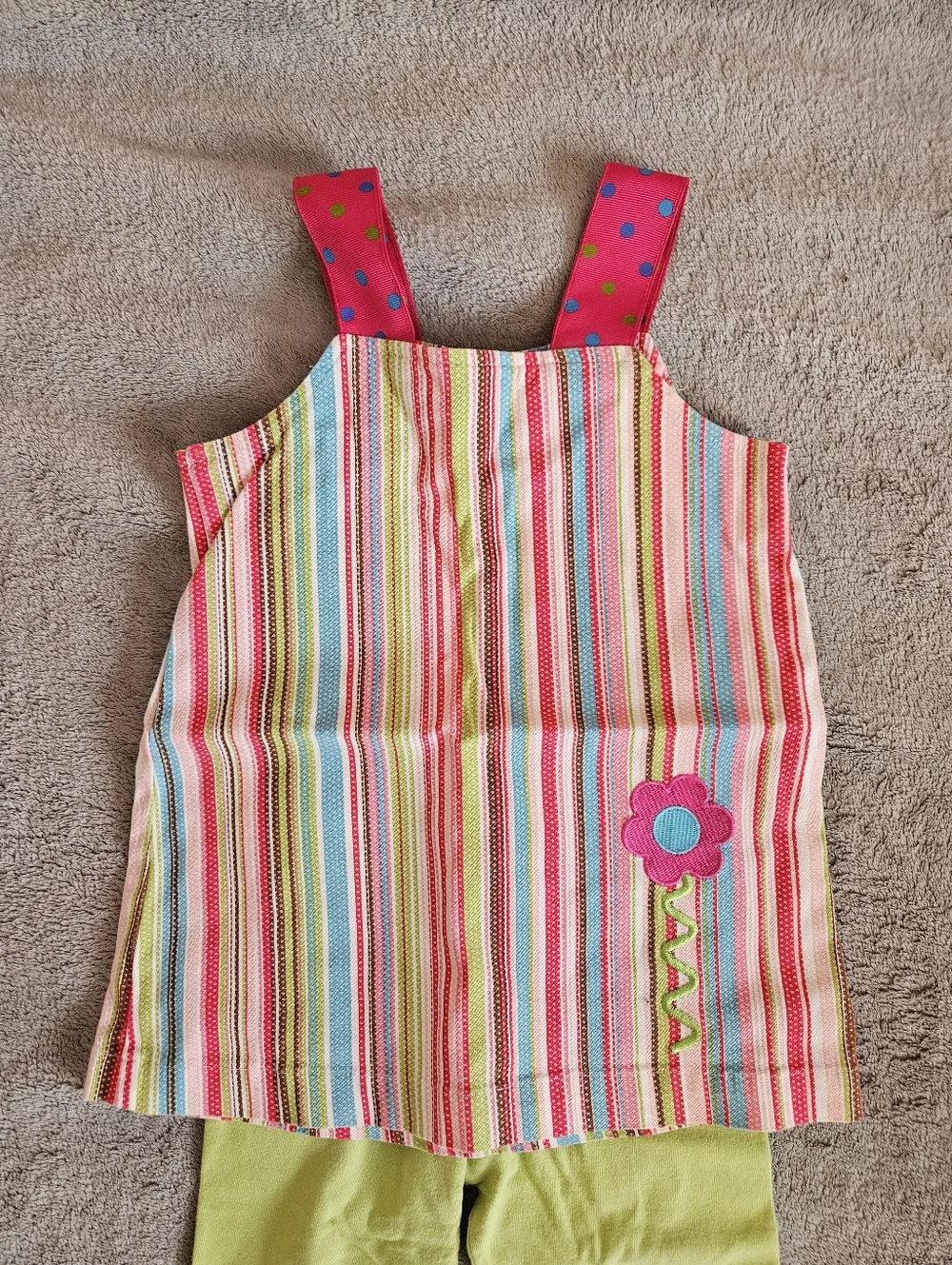 Girls 2T Striped Pink & Green Embroidered Flower Matching